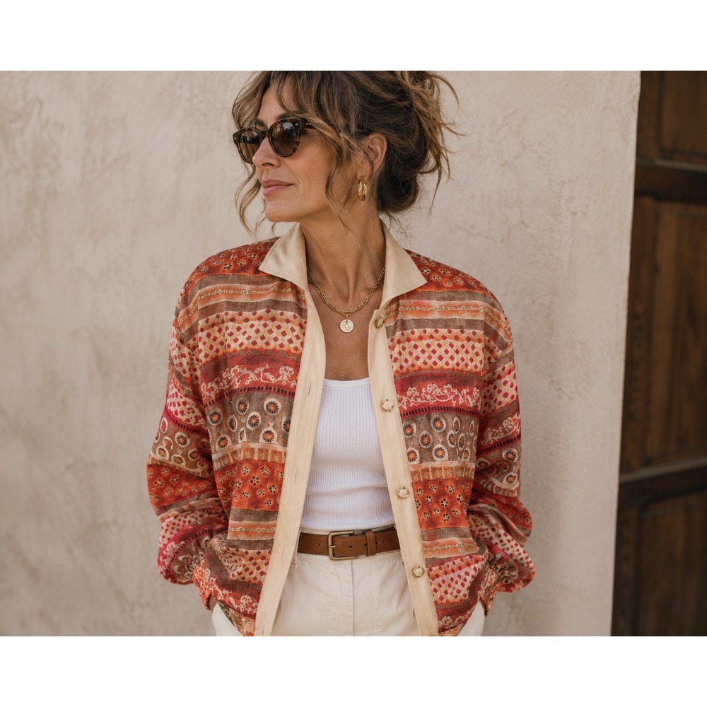 Oleg Cassini Vintage Silk Bomber Jacket Orange Geometric Floral Print Small